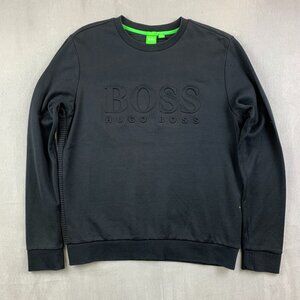 Hugo Boss Mens Sweater Large Black Crewneck Long Sleeve Embossed Logo Spell Out